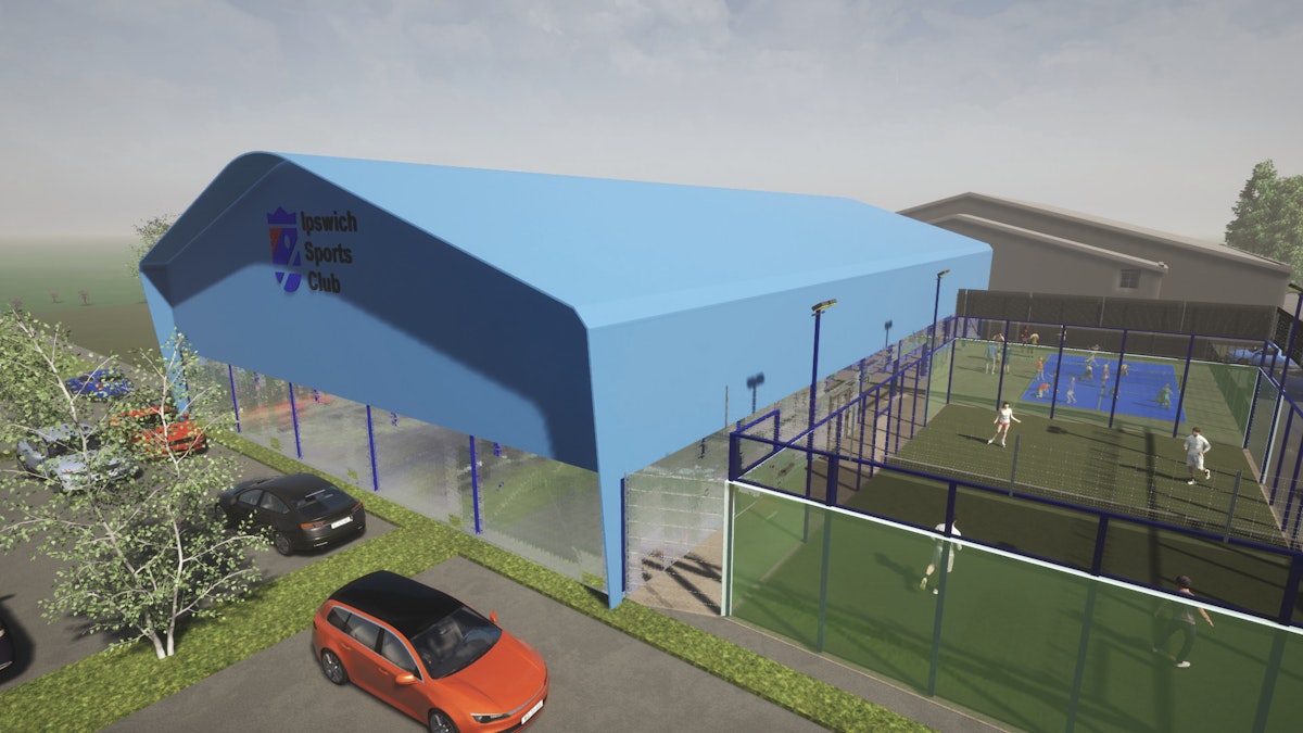 A 3D render of the proposed covered padel court at Ipswich Sports Club